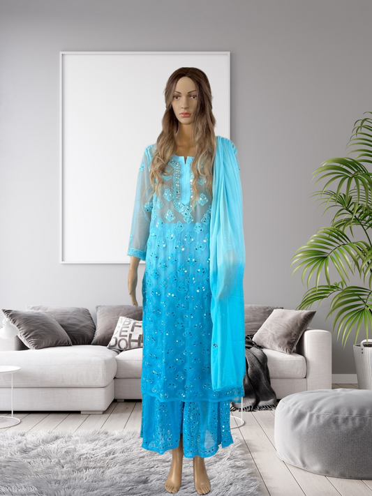 Double Shade Sky Blue Full Mirror Work 3pc. Sharara Set Size 42 (Large)