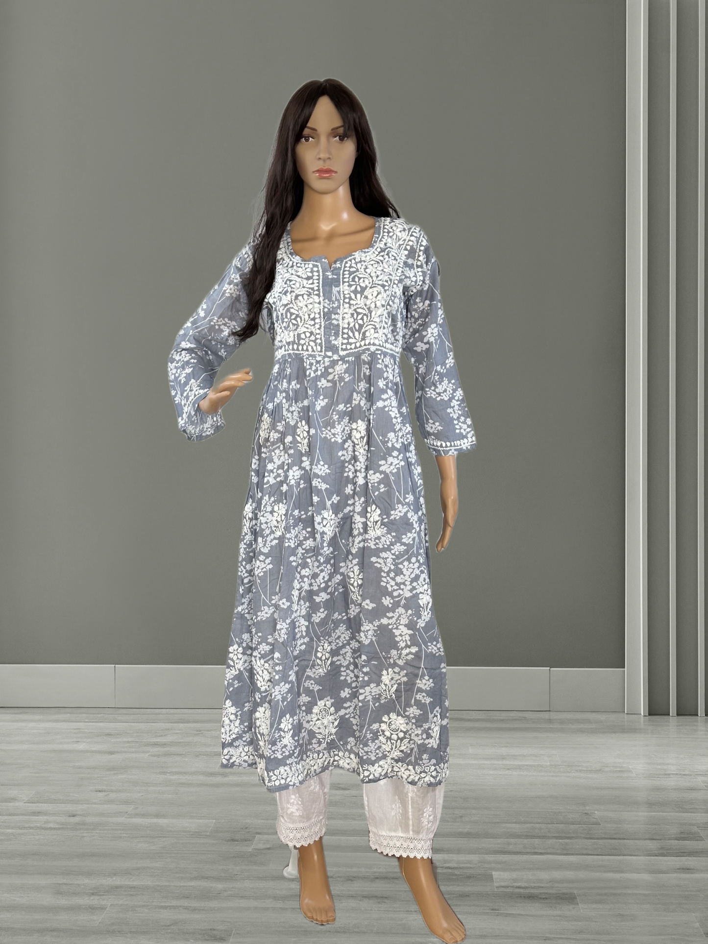 Gray frock/dress with Chikankari work