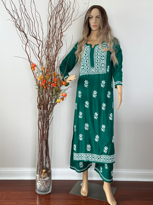 Green Lucknowi Summer cool chikankari 2 pc Palazzo set Sice 38 (Small)