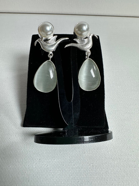 Bird Charm with Glass Pearl Tear Drop Earrings