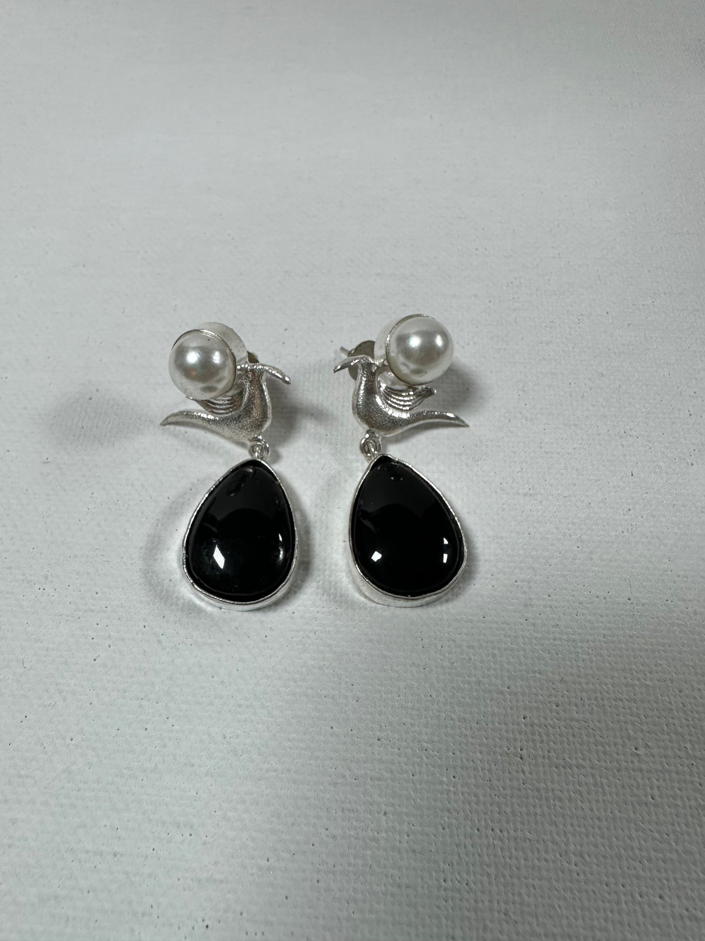 Bird Charm with Glass Pearl Tear Drop Earrings