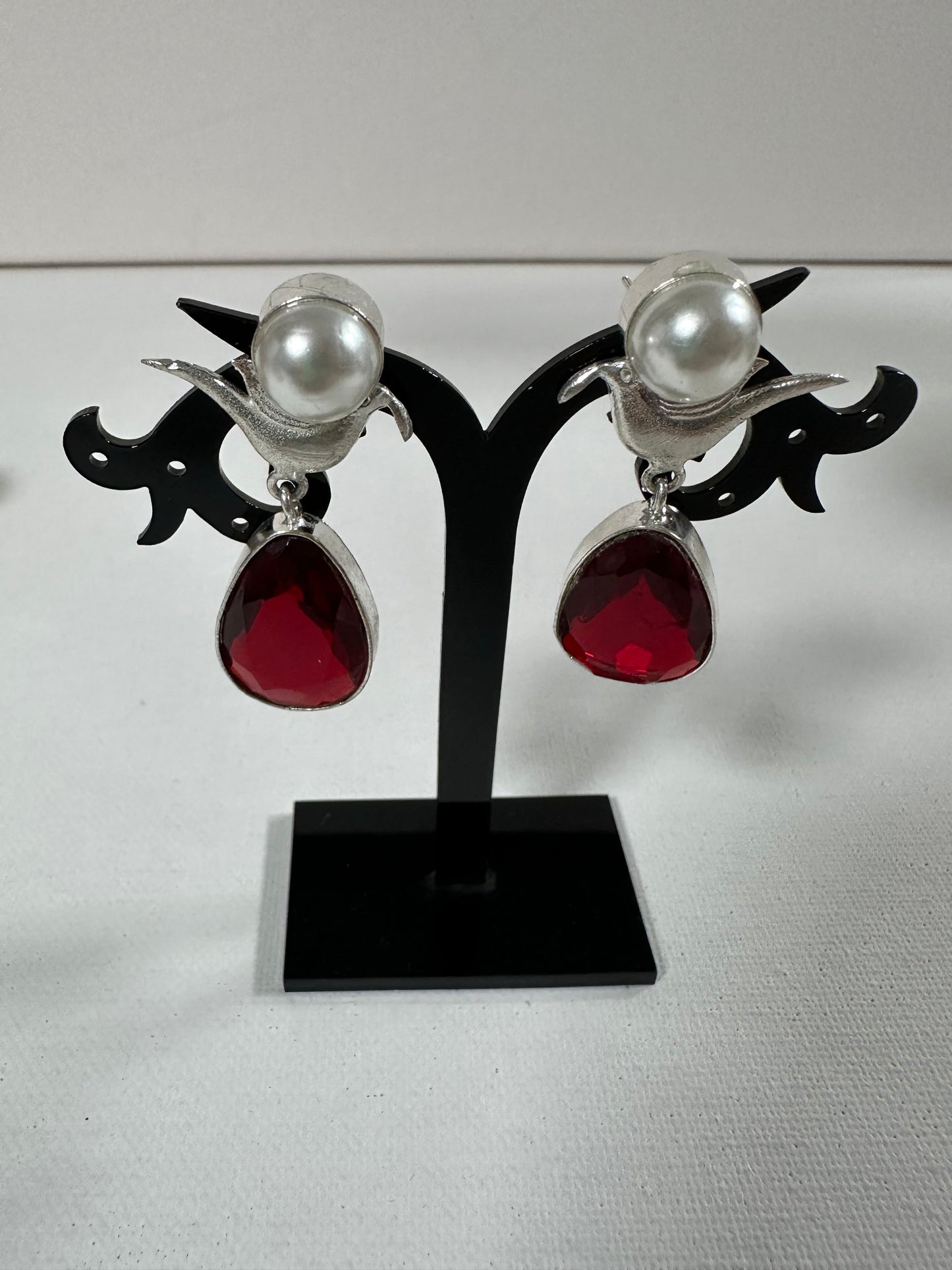 Bird Charm with Glass Pearl Tear Drop Earrings