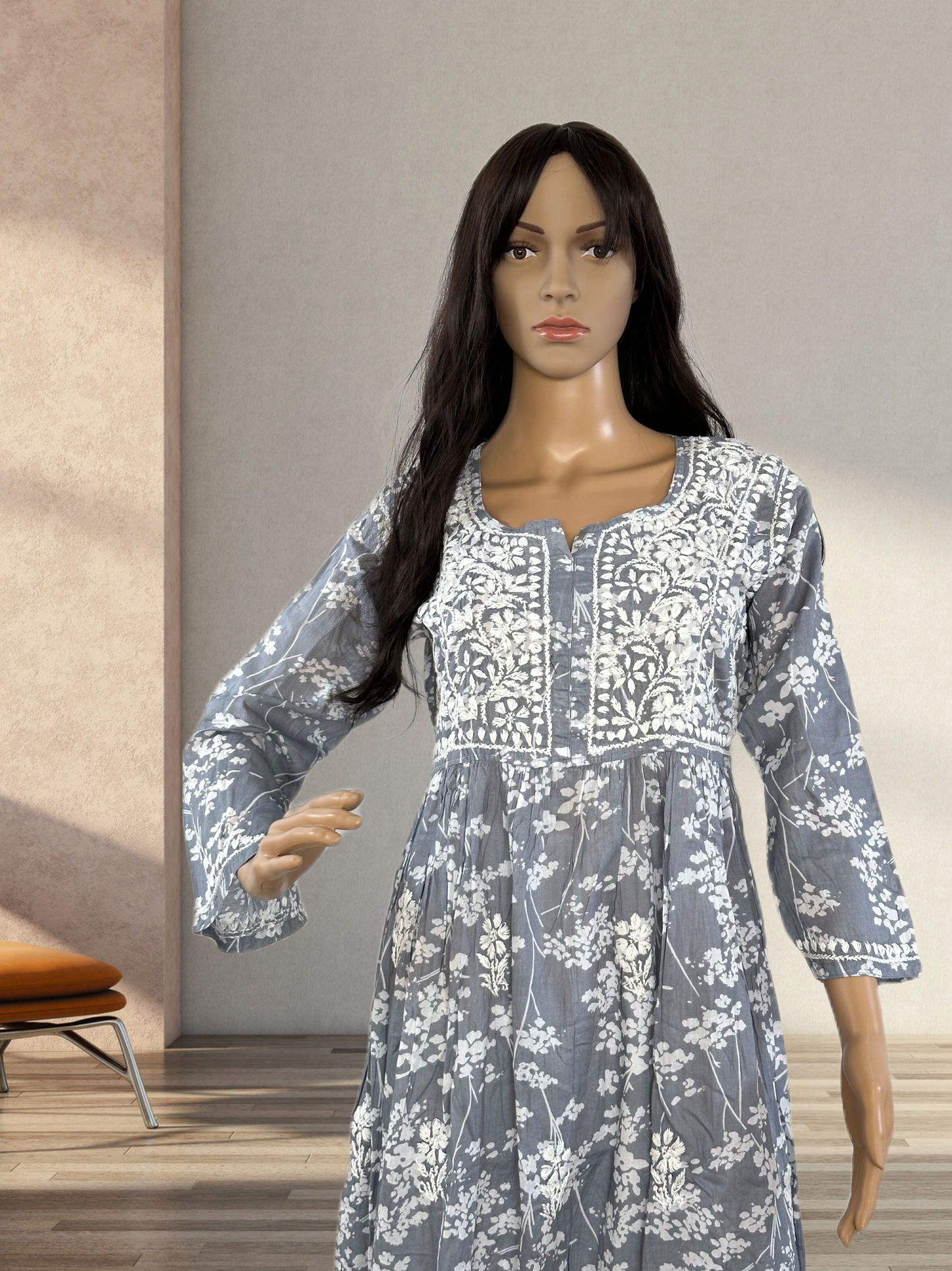 Gray frock/dress with Chikankari work